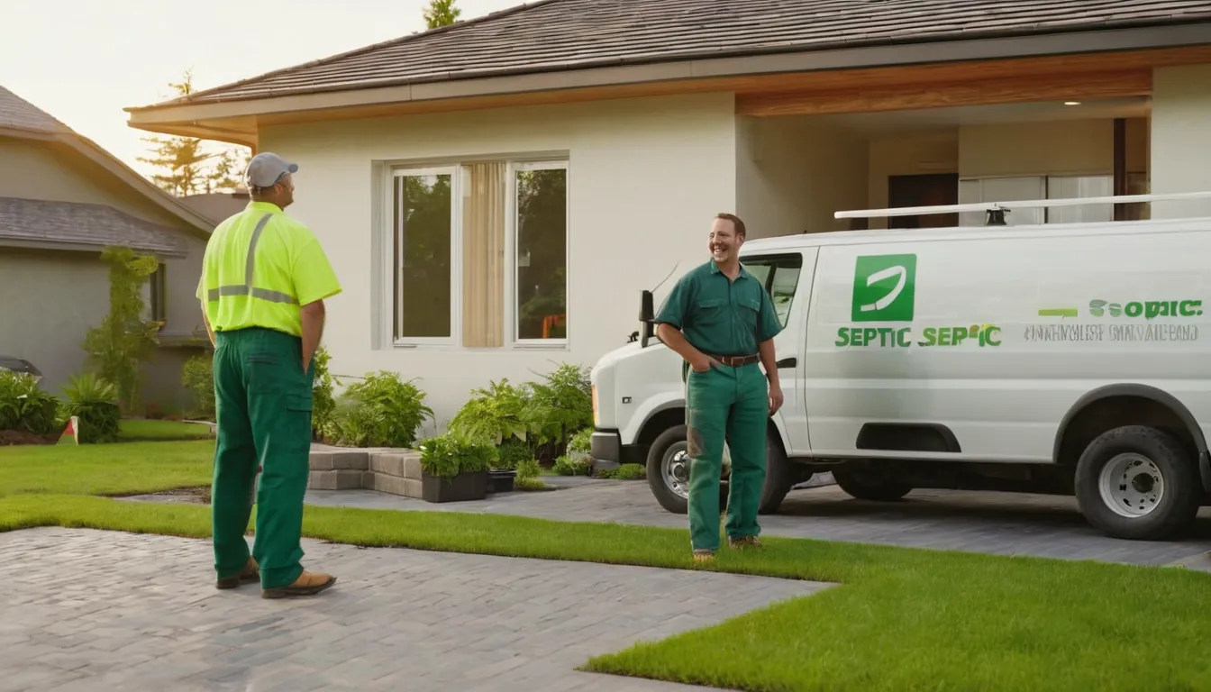 Homeowner talking with a septic service provider beside a tank access lid near Orlando
